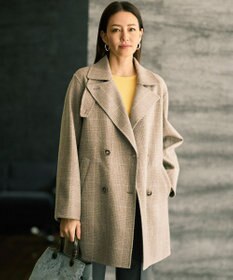 自由区 L 【17号サイズまで展開・カタログ掲載】ウールリバーチェック柄ダブルブレスト コート モカチェック