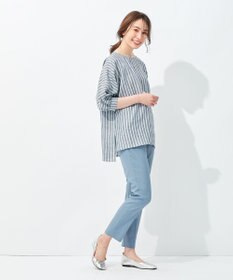 自由区 【洗える】リネンストライプ ボートネックブラウス