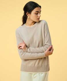 BEIGE， 【洗える】POMPE / ウールカシミヤ配色リブクルーネック