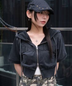 WEGO ヴィンテージウォッシュロゴ半袖パーカー