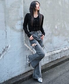 WEGO カットアウトリボンストレッチデニムフレアパンツ
