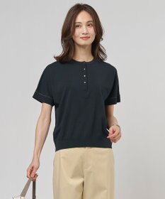 J.PRESS LADIES COOL MINT COTTON POLYESTER ヘンリーネック ニット プルオーバー ネイビー系