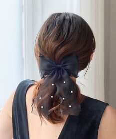 Phoebe フレアリボンドットパールヘアゴム　ブラック
