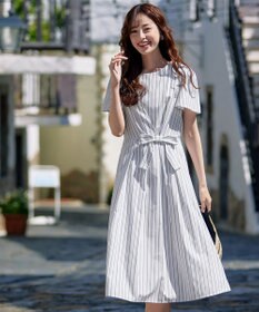 Tiaclasse 【洗える】ストライプアシンメトリーリボンワンピース