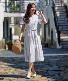 Tiaclasse 【洗える】ストライプアシンメトリーリボンワンピース