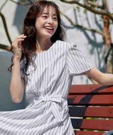 Tiaclasse 【洗える】ストライプアシンメトリーリボンワンピース