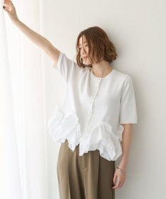 YECCA VECCA パール釦ラッフル5分袖カーディガン