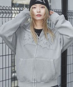 WEGO 【ユニセックス着用ITEM】ピグメントダメージアップリケZIPパーカー