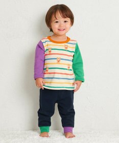 MIKI HOUSE HOT BISCUITS 【80-120cm】 ボーダー柄 ミニ裏毛パイル素材 腹巻き付き長袖パジャマ