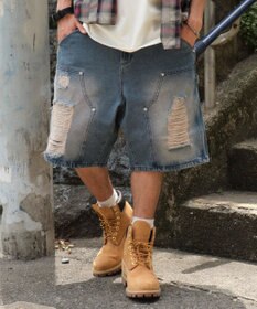 WEGO ダブルニーダメージデニムショーツ