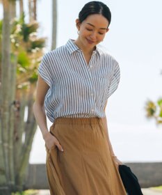23区 L LIBECOリネン ストライプ シャツ ダルブルー系