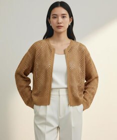 UNFILO クロシェレースニット ZIPカーディガン キャメル