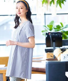 Tiaclasse 【洗える】体型カバーも叶うアシンメトリーストライプチュニックブラウス