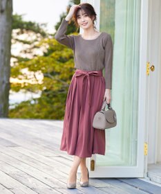 Tiaclasse L 【洗える】異素材を組み合わせたミモレ丈リブコンビワンピース