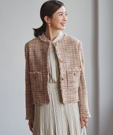 23区 L GIOLICAツイード ノーカラー ボタン ジャケット テラコッタミックス