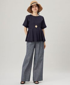 自由区 【洗える】コットンリネンシャンブレーワイドストレート パンツ