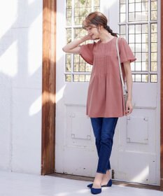 Tiaclasse L 【洗える】麻調ピンタックチュニックブラウス