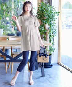 Tiaclasse L 【洗える】麻調ピンタックチュニックブラウス