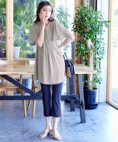 Tiaclasse L 【洗える】麻調ピンタックチュニックブラウス