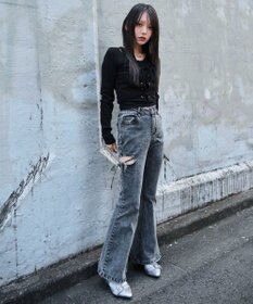 WEGO カットアウトリボンストレッチデニムフレアパンツ