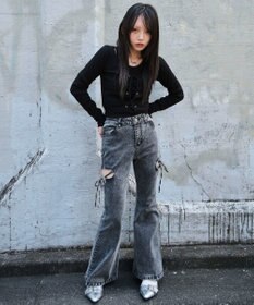 WEGO カットアウトリボンストレッチデニムフレアパンツ