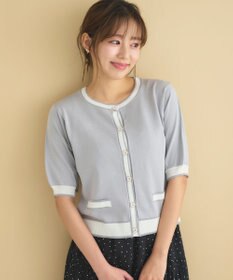 Feroux 【洗える】バイカラーハーフスリーブ カーディガン