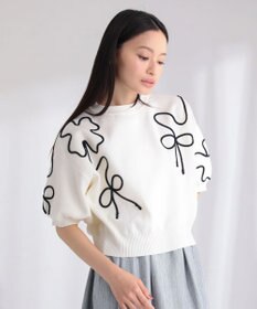 Green Parks ・ＥＬＥＮＣＡＲＥ　ＤＵＥ　ライン刺繍５分袖ニット