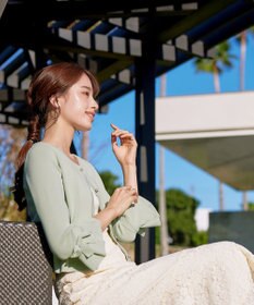 Tiaclasse L 【洗える】袖口フレアリボンニットカーディガン