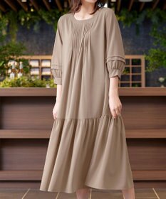 Tiaclasse L 【洗える】パフ袖ピンタックロングワンピース