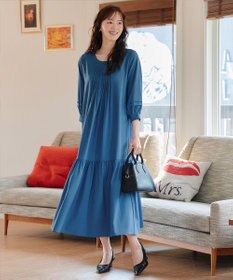 Tiaclasse L 【洗える】パフ袖ピンタックロングワンピース