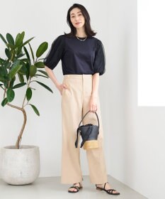 自由区 【洗える・XSサイズあり】シアーコンビパフスリーブ カットソー