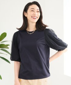 自由区 【洗える・XSサイズあり】シアーコンビパフスリーブ カットソー