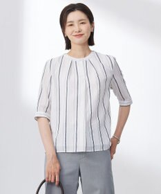 J.PRESS LADIES 【洗える】SHEERストライプ クルーネック ブラウス