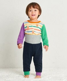 MIKI HOUSE HOT BISCUITS 【80-120cm】 ボーダー柄 ミニ裏毛パイル素材 腹巻き付き長袖パジャマ