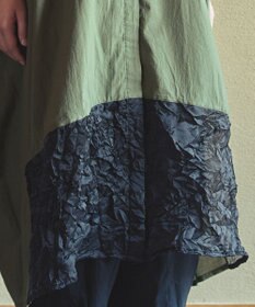 muuc キャッチ裾切り替えフレンチスリーブワンピース〈前開きで羽織にも〉〈日本製〉〈上品な透け感〉〈体型カバー・フリーサイズ〉〈モードな異素材・コットンローン使用〉