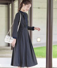 Tiaclasse 【新色追加・洗える】配色バンドカラー幾何学柄ワンピース