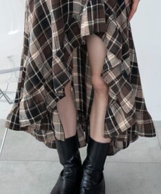 WEGO チェックアシンメトリーフリルロングスカート