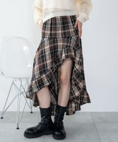 WEGO チェックアシンメトリーフリルロングスカート