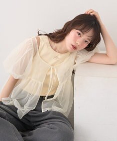 earth music&ecology ＳＥＴ２点チュールバルーンブラウス＋ロゴタンク