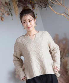 Tiaclasse L 【洗える】アラン柄キーネックニットトップス