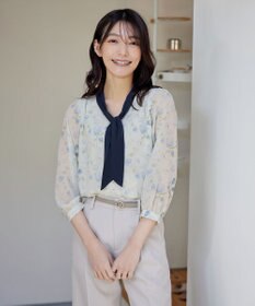 Tiaclasse 【洗える】花柄配色ボウタイブラウス