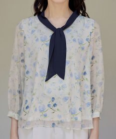 Tiaclasse 【洗える】花柄配色ボウタイブラウス