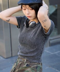 WEGO ヴィンテージウォッシュワンポイントリブT