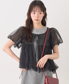 earth music&ecology ＳＥＴ２点チュールバルーンブラウス＋ロゴタンク