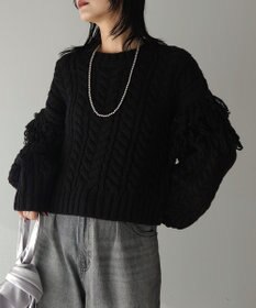 Green Parks フリンジスリーブショート丈ケーブルニット