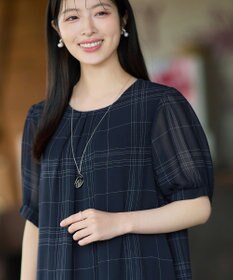 Tiaclasse L シフォンチェックパフスリーブチュニック