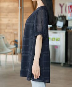 Tiaclasse L シフォンチェックパフスリーブチュニック