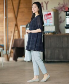 Tiaclasse L シフォンチェックパフスリーブチュニック