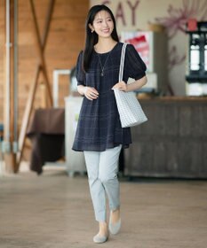 Tiaclasse L シフォンチェックパフスリーブチュニック