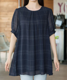 Tiaclasse L シフォンチェックパフスリーブチュニック